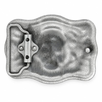 Rear of grey skull belt buckle showing belt loop and fastening stud