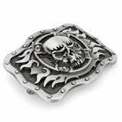 Angled view of grey skull and flames buckle showing raised detailing