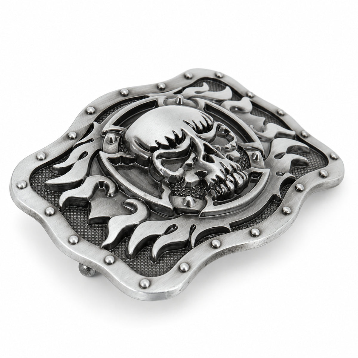 Angled view of grey skull and flames buckle showing raised detailing