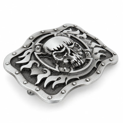 Angled view of grey skull and flames buckle showing raised detailing
