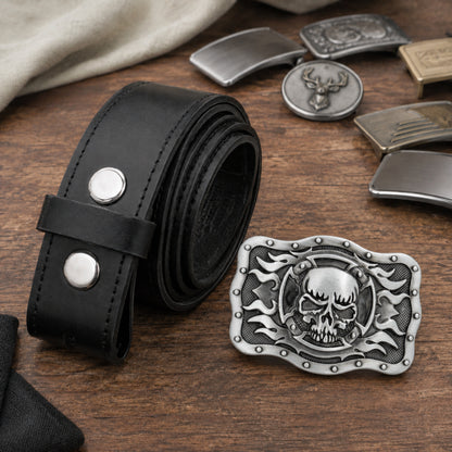 Grey skull and flames buckle beside a black leather belt