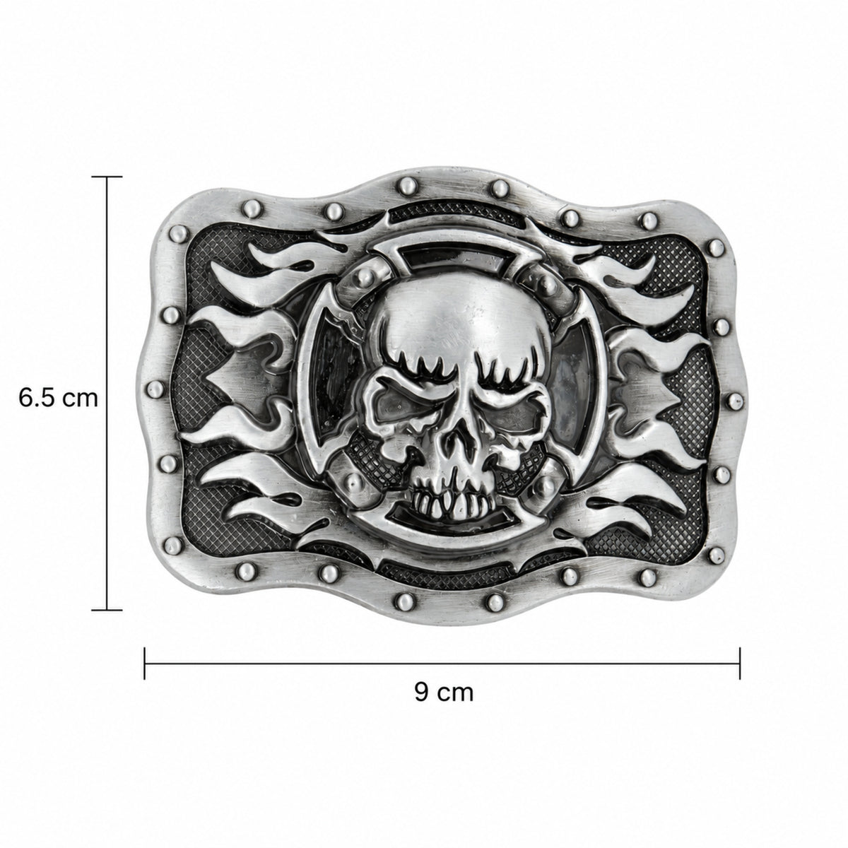 Grey skull and flames belt buckle size guide