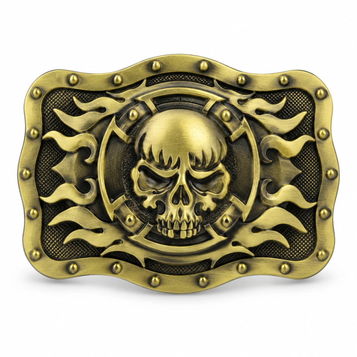 Bronze/gold skull and flames belt buckle with raised metal detailing