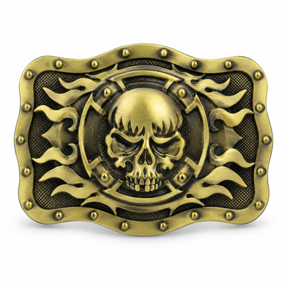 Bronze/gold skull and flames belt buckle with raised metal detailing