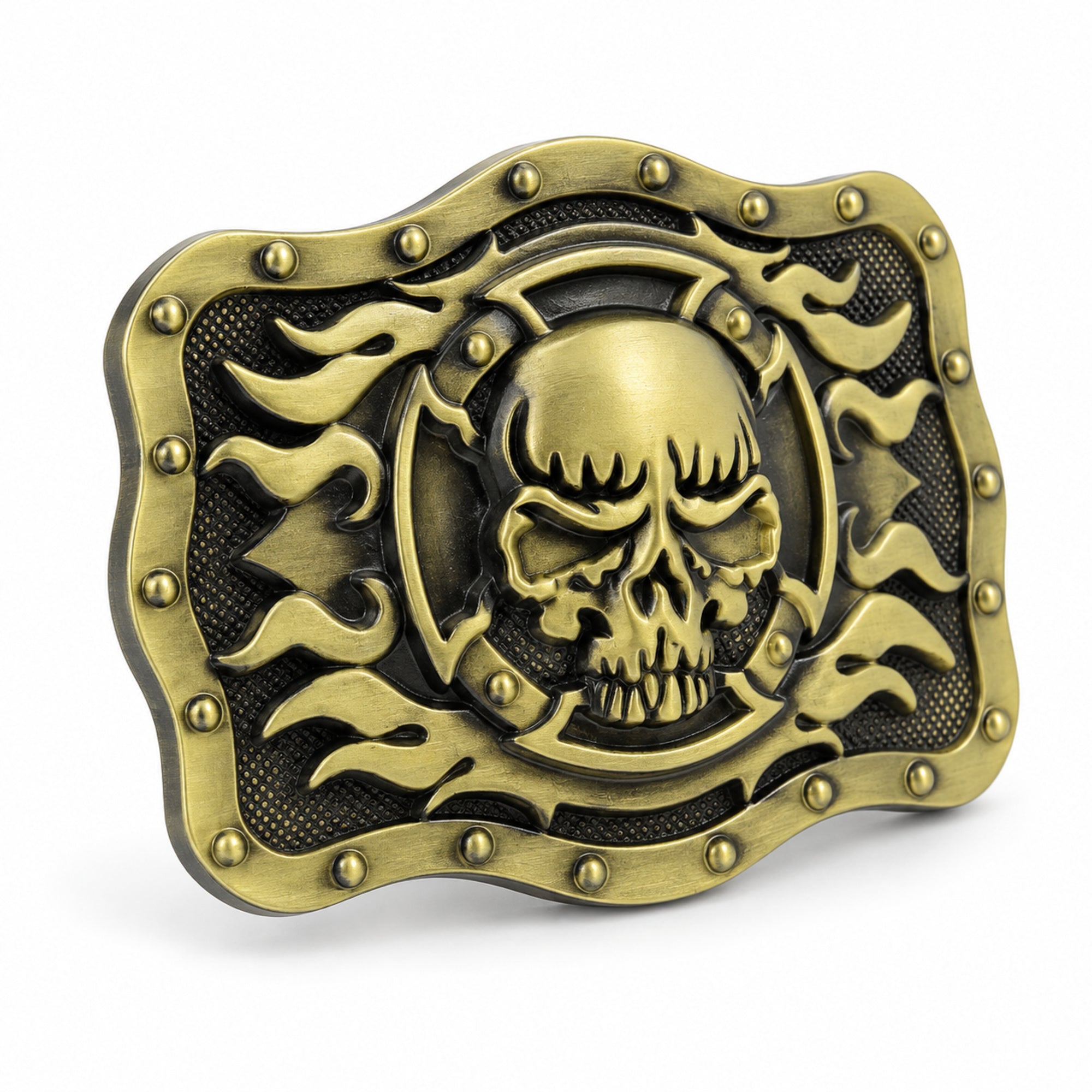 Angled view of bronze/gold skull and flames buckle showing raised detailing