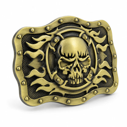 Angled view of bronze/gold skull and flames buckle showing raised detailing