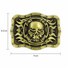 Bronze/gold skull and flames belt buckle size guide