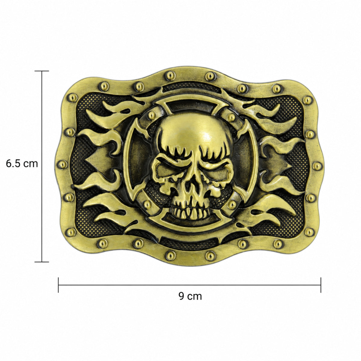 Bronze/gold skull and flames belt buckle size guide