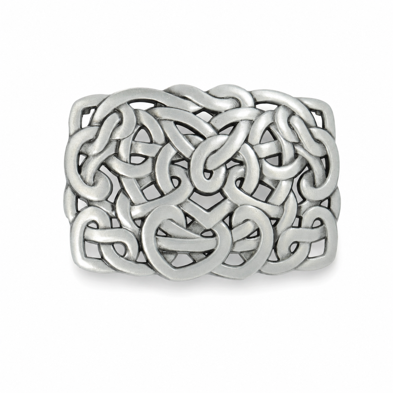A wide silver-toned belt buckle featuring an intricate, raised Celtic knot pattern, photographed on a clean white background.