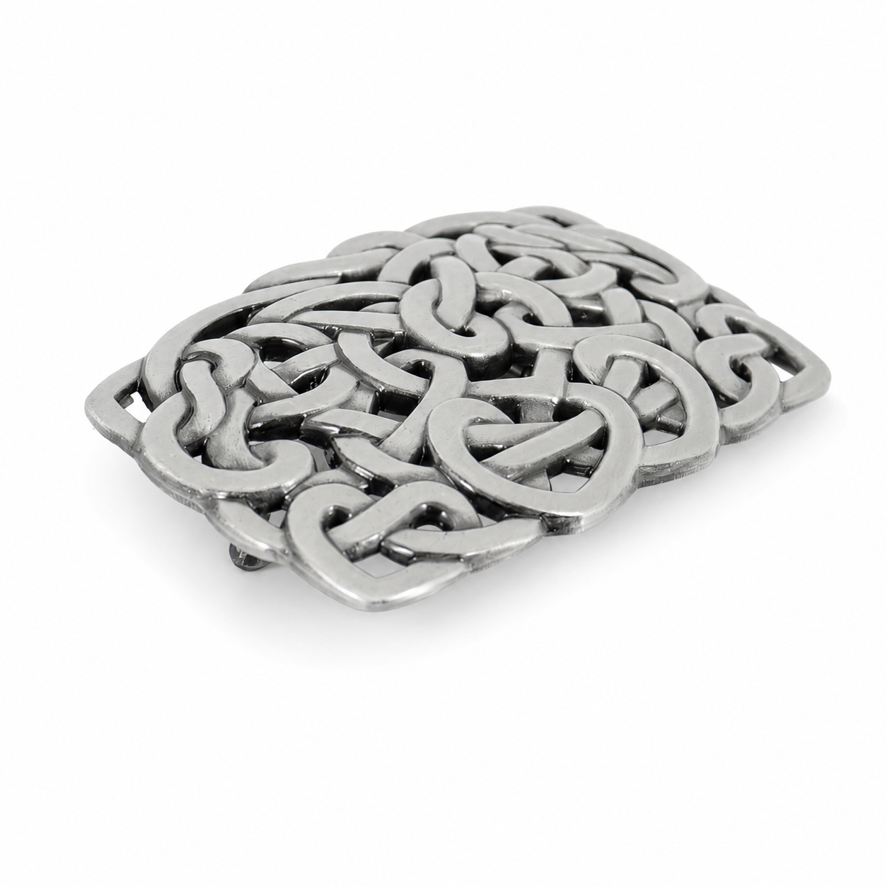 A rectangular silver-toned metal belt buckle featuring an intricate Celtic knot design, shown on a clean white background.