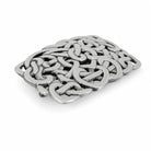 A rectangular silver-toned metal belt buckle featuring an intricate Celtic knot design, shown on a clean white background.