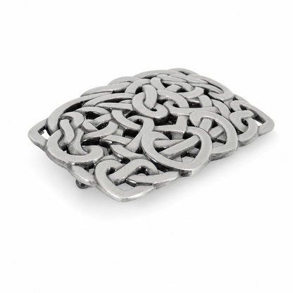 A rectangular silver-toned metal belt buckle featuring an intricate Celtic knot design, shown on a clean white background.