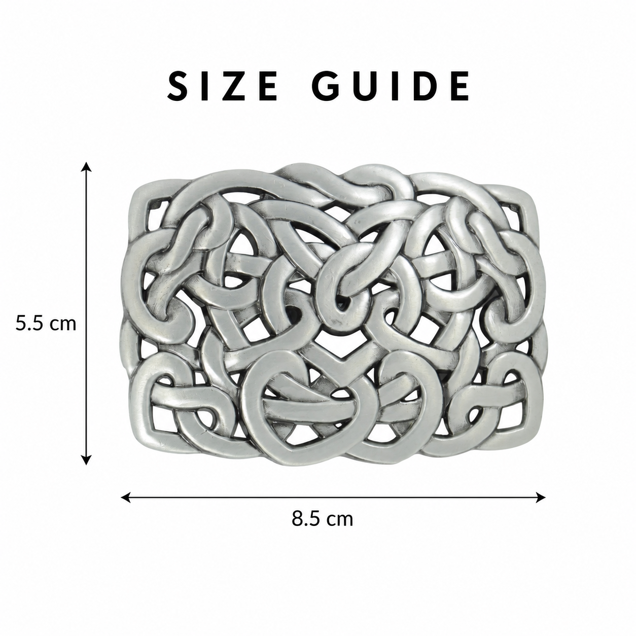 A silver-toned interlocking belt buckle shown on a white background with measurement arrows and text reading 'SIZE GUIDE' dimensions 5.5 cm height and 8.5cm wide.