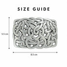 A silver-toned interlocking belt buckle shown on a white background with measurement arrows and text reading 'SIZE GUIDE' dimensions 5.5 cm height and 8.5cm wide.