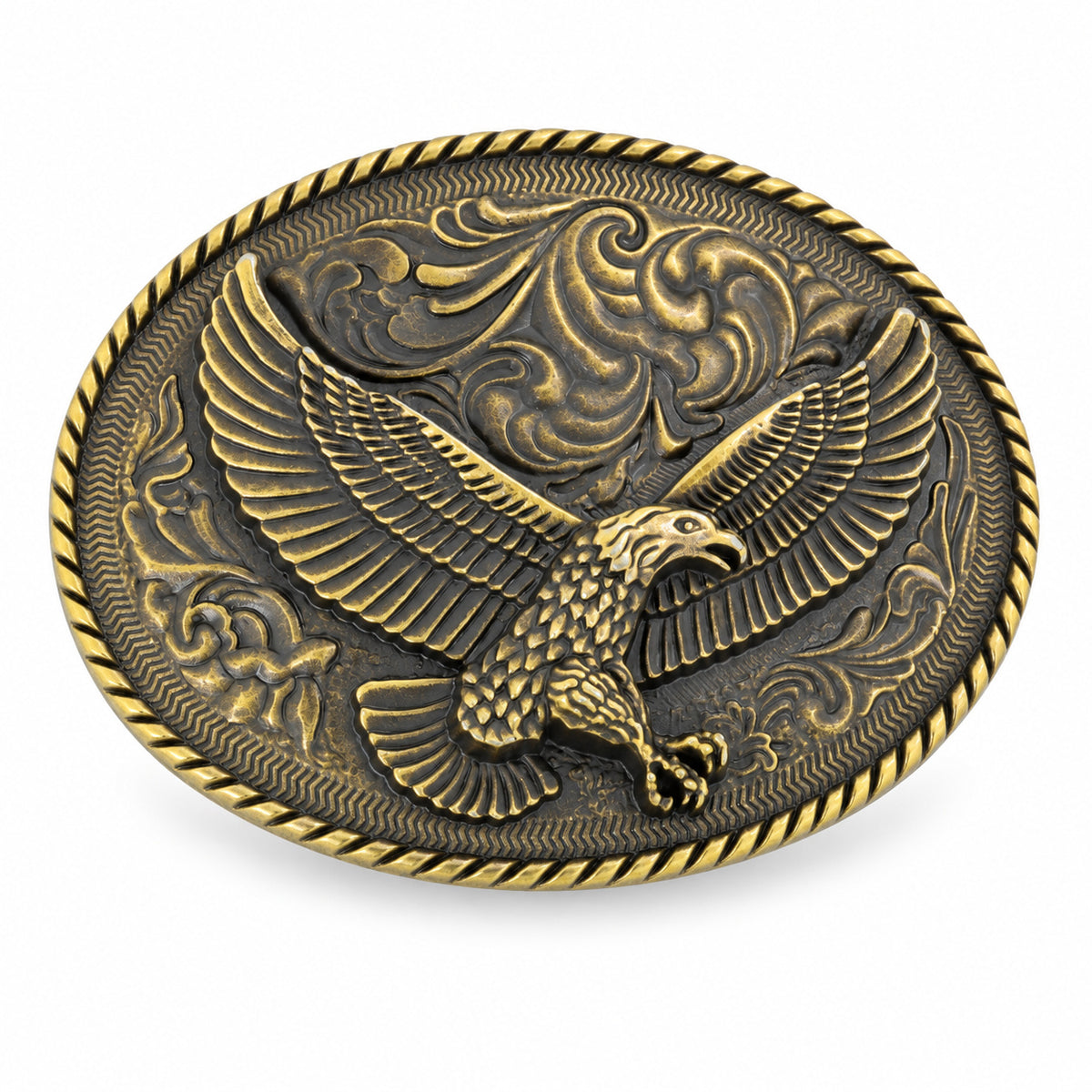 Antique bronze flying eagle belt buckle with raised scrollwork detailing