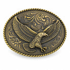 Antique bronze flying eagle belt buckle with raised scrollwork detailing