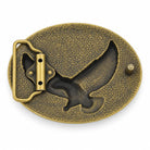 Rear of antique bronze eagle belt buckle showing belt loop and fastening stud