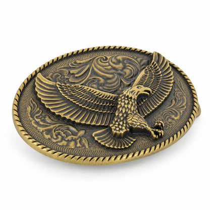 Angled view of flying eagle belt buckle showing raised metal detailing
