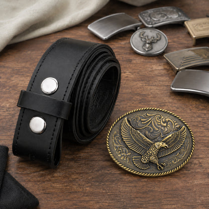 Antique bronze flying eagle buckle with black interchangeable leather belt