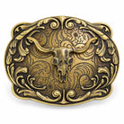 Antique bronze longhorn skull belt buckle with ornate Western scrollwork