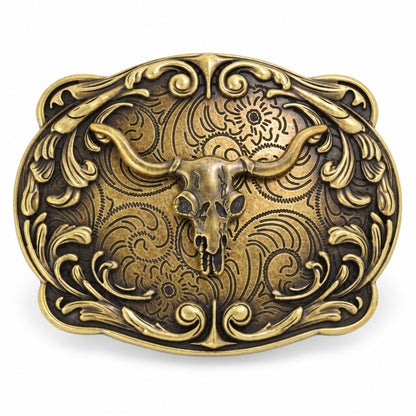 Antique bronze longhorn skull belt buckle with ornate Western scrollwork