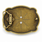 Rear of antique bronze longhorn belt buckle showing belt loop and fastening stud