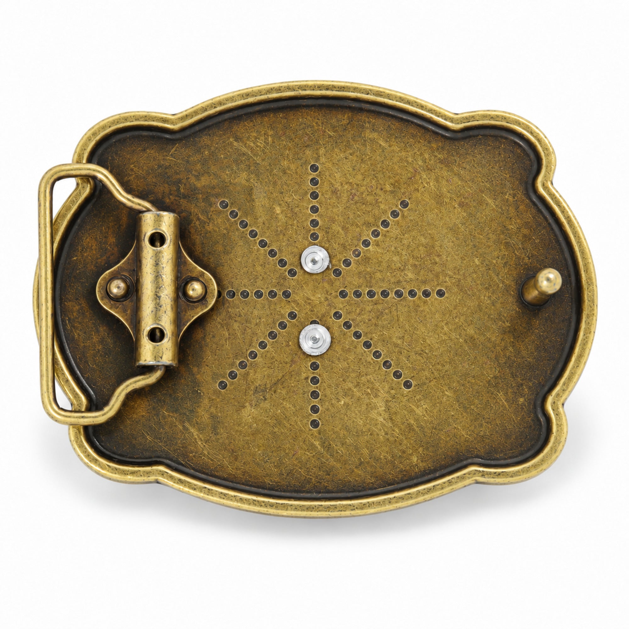 Rear of antique bronze longhorn belt buckle showing belt loop and fastening stud