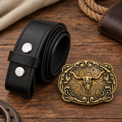 Antique bronze longhorn skull buckle with black interchangeable leather belt