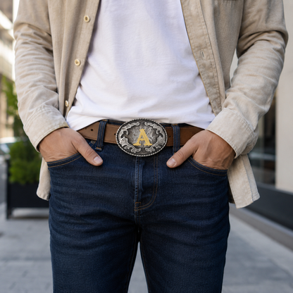 Man wearing a beige jacket, white shirt, dark jeans, and a belt with a decorative buckle.