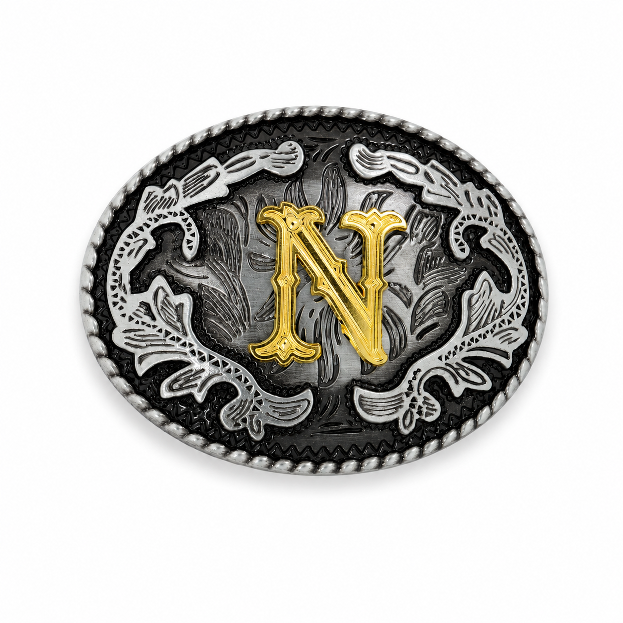Belt buckle with 'N' letter design on a white background