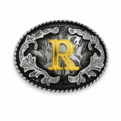 Belt buckle with gold letter 'R' and silver floral designs on a white background