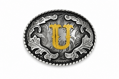 Belt buckle with decorative design and letter 'U' on a white background