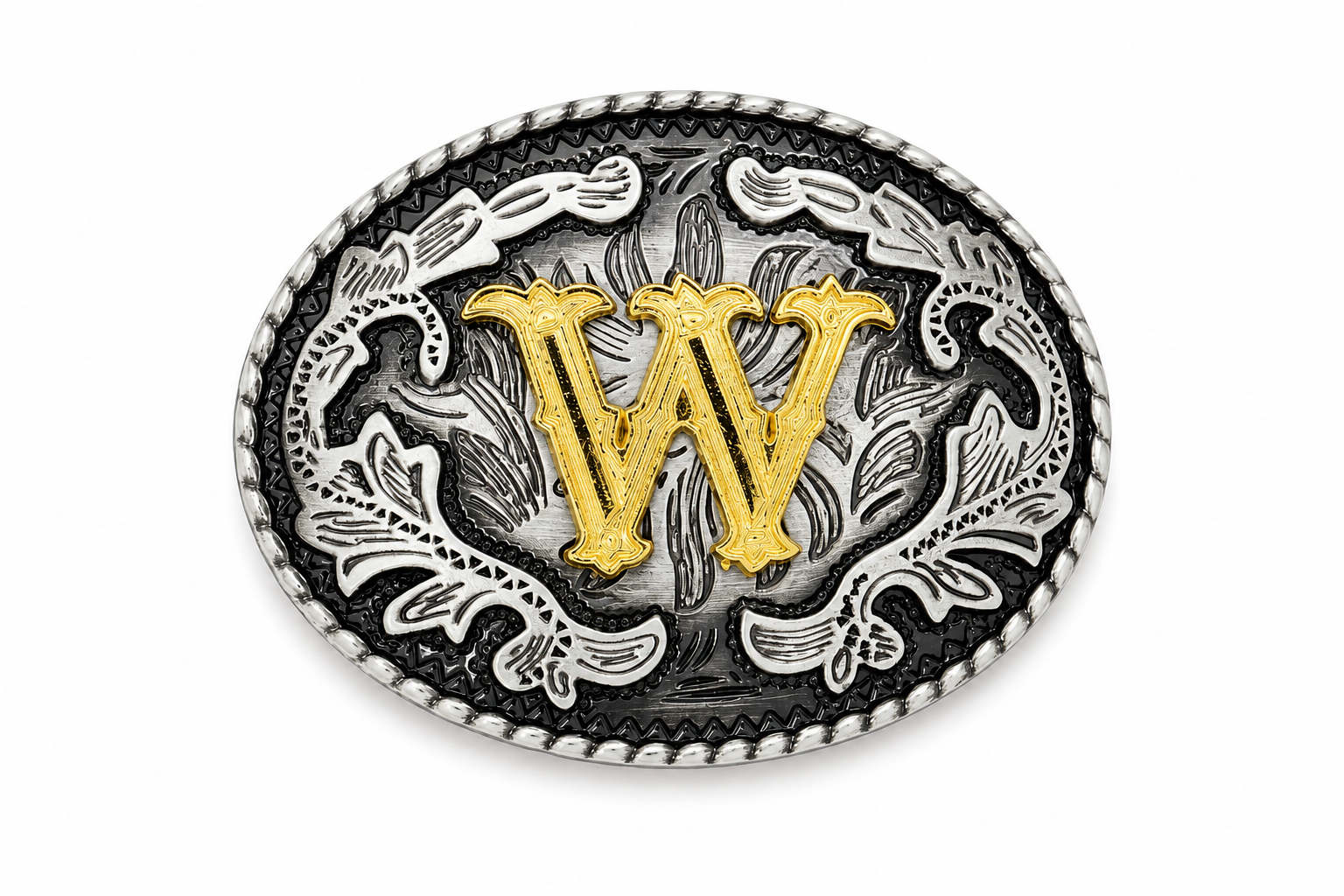 Belt buckle with 'W' logo on a white background