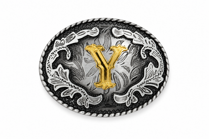 Belt buckle with gold 'Y' and silver floral design on a white background