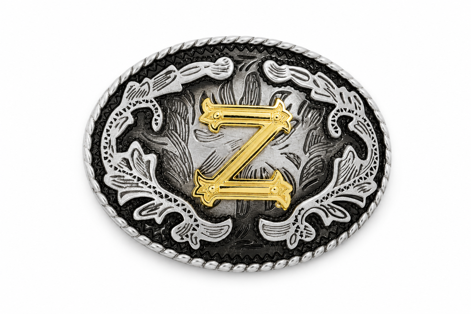 Belt buckle with decorative design and gold letter 'Z' on a white background