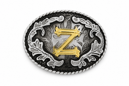 Belt buckle with decorative design and gold letter 'Z' on a white background