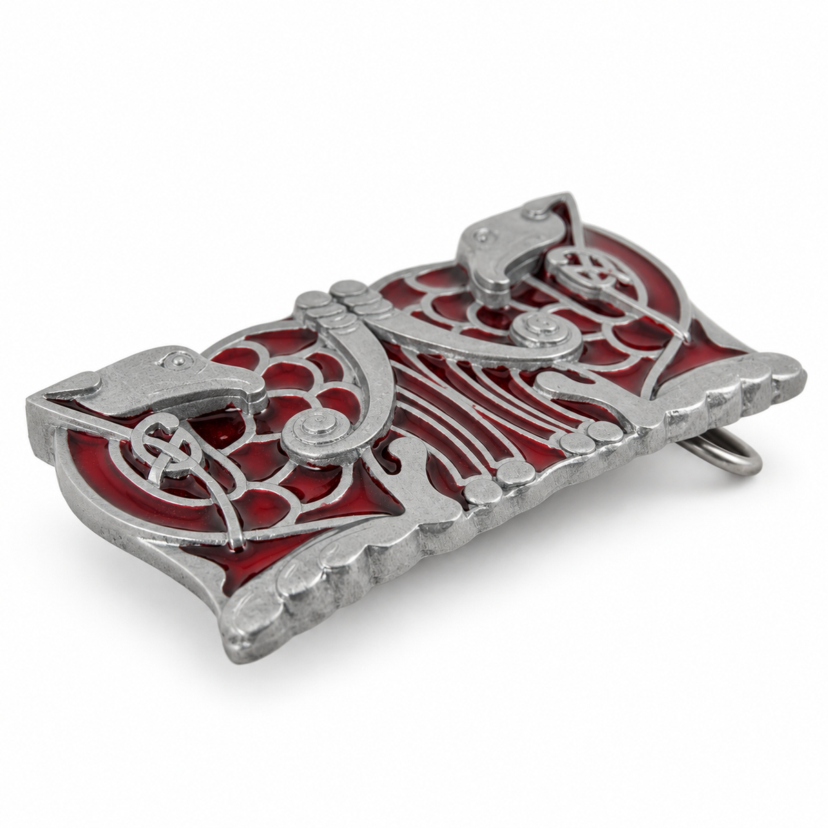 Angled view of the black Celtic Birds Design metal belt buckle