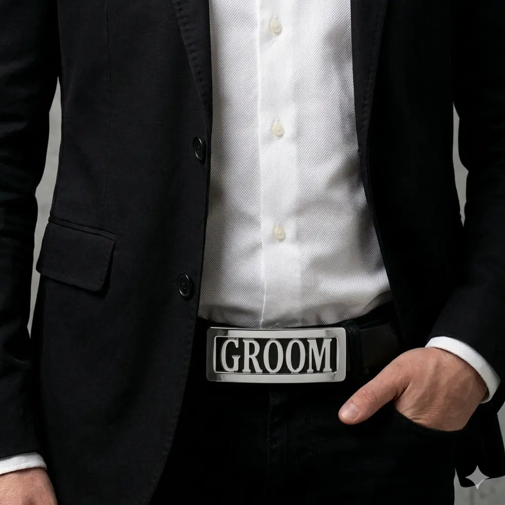 Man wearing a personalised groom belt buckle