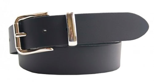 35mm Black leather belt with a nickel buckle on a white background