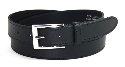 Black 30mm stitched leather belt with a silver buckle on a white background