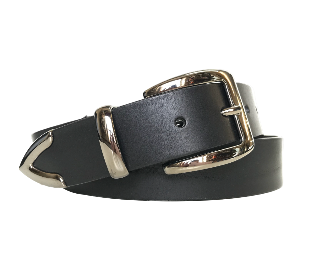 Black leather belt with silver buckle on a white background