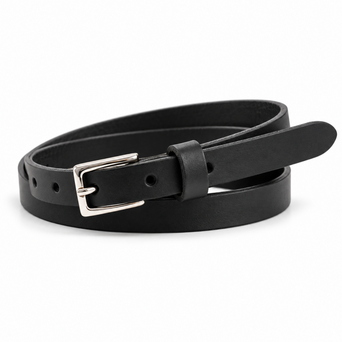 15mm thin black leather belt with a silver-tone metal buckle, neatly coiled on a clean white background.