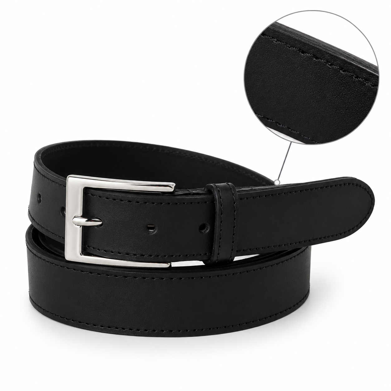 Black leather belt with silver buckle on a white background