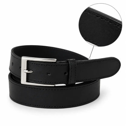 Black leather belt with silver buckle on a white background