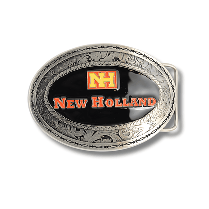 Belt buckle with New Holland logo on a black background