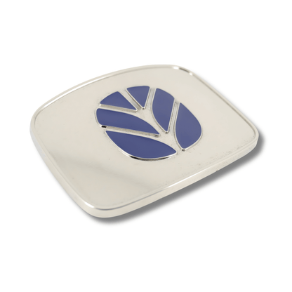 side view of a New Holland Blue Logo on a Chrome background belt buckle
