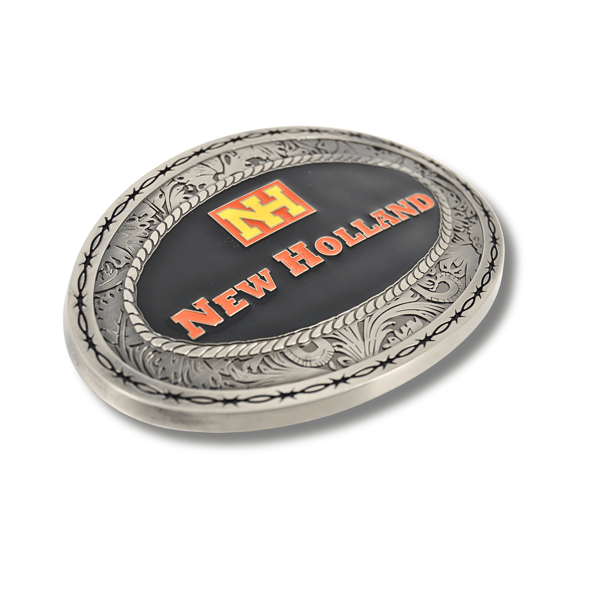 belt buckle with New Holland logo on a black background