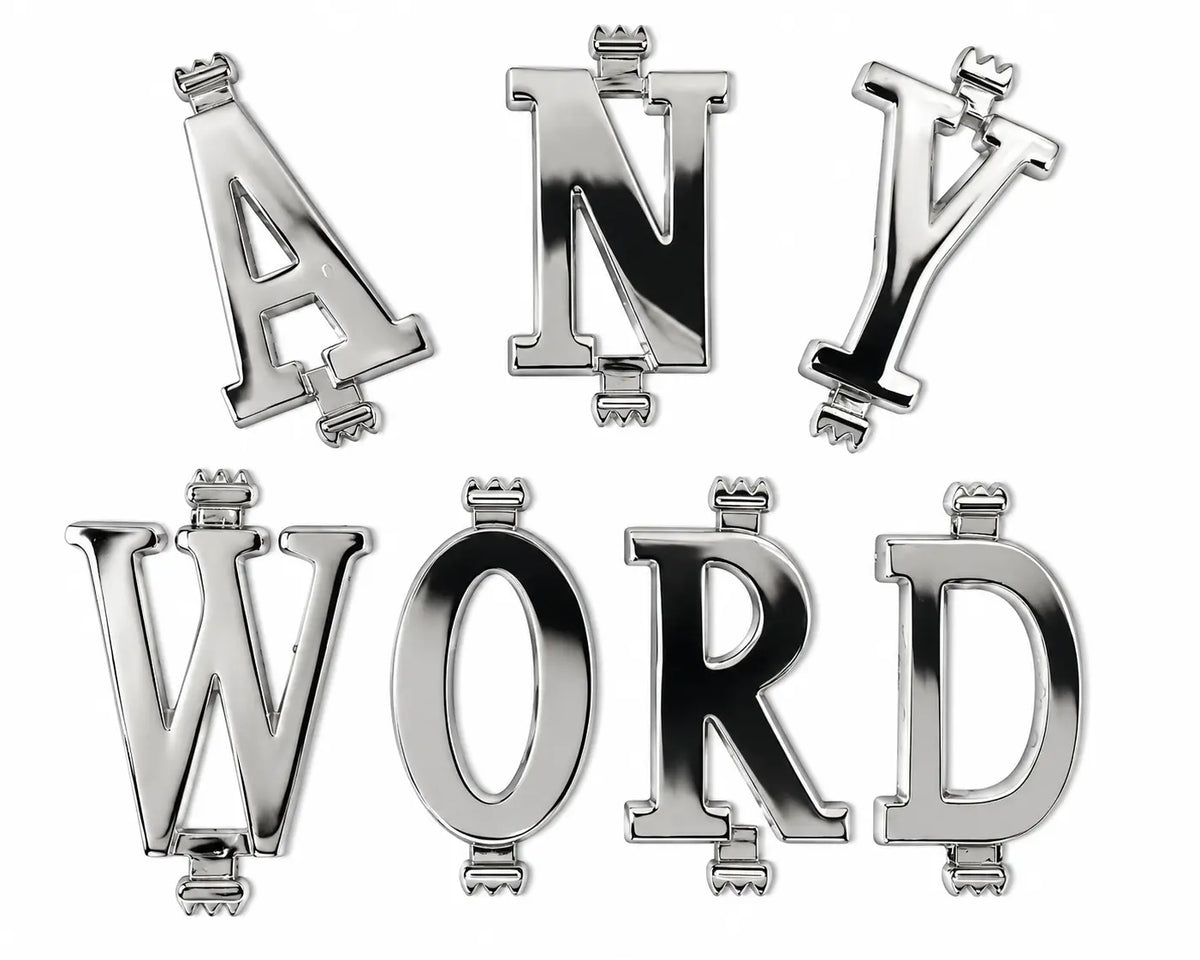 Seven metallic belt buckle letters spelling out the word 'WORLD' in a vertical arrangement, alongside individual letters 'A', 'N', and 'Y' arranged to the right, all on a plain white background.