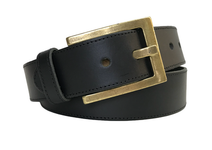 Unisex 40mm Genuine Stitched Leather Belt - Antique Brass - Leather Keeper