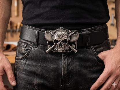 Man wearing Skull and crosses belt buckle